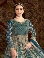 Anaita Teal Embroidered Net Anarkali Suit | Grocsy