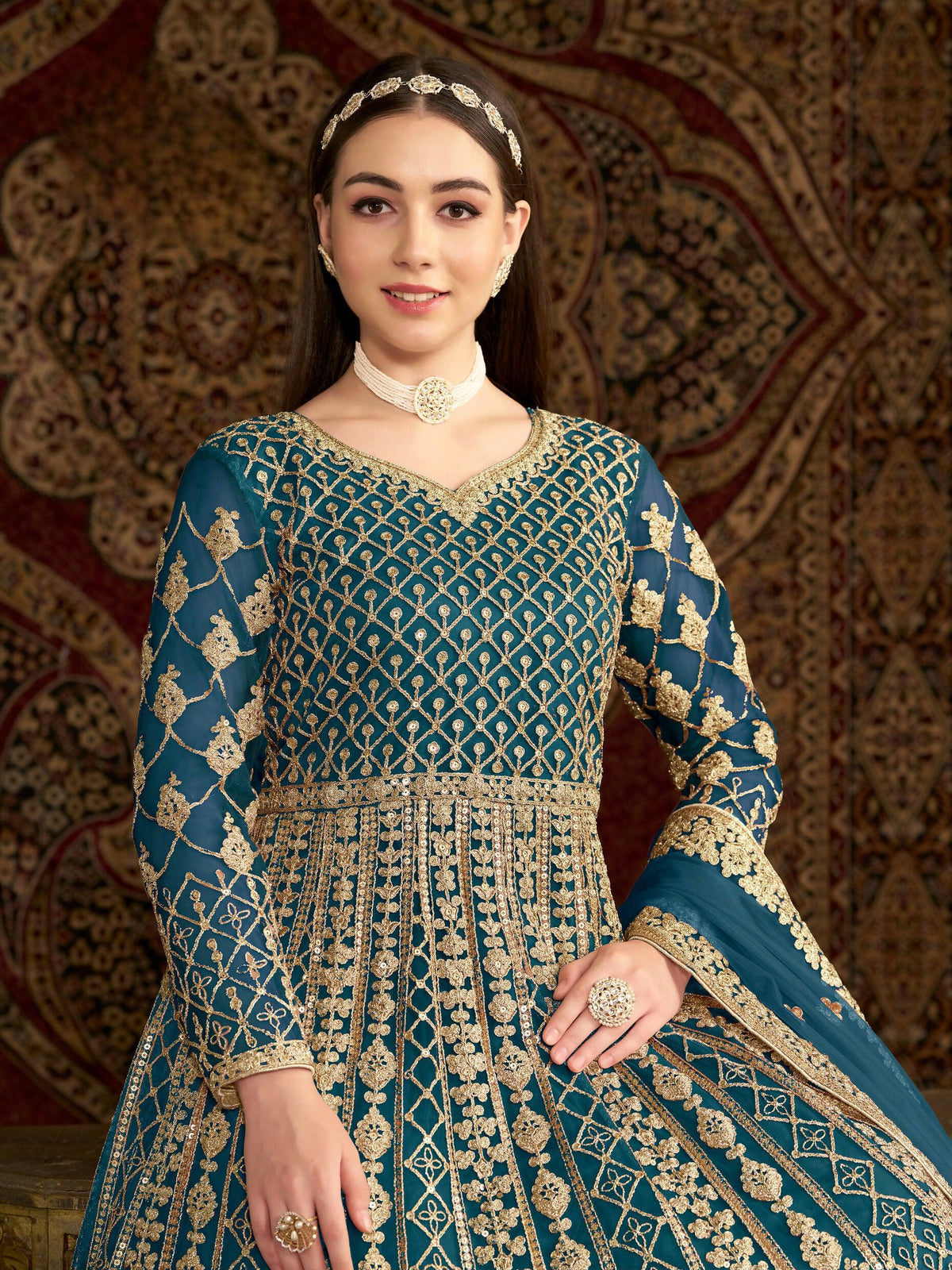 Anaita Teal Embroidered Net Anarkali Suit | Grocsy