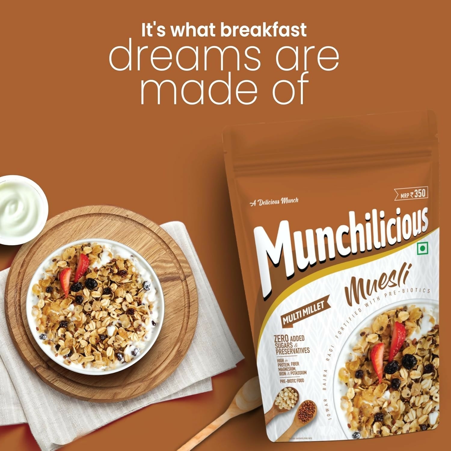 Munchilicious MultiMillet Muesli Fruits, Nuts & Seeds Crunchy Millets, High in Fibre and Protein | Grocsy