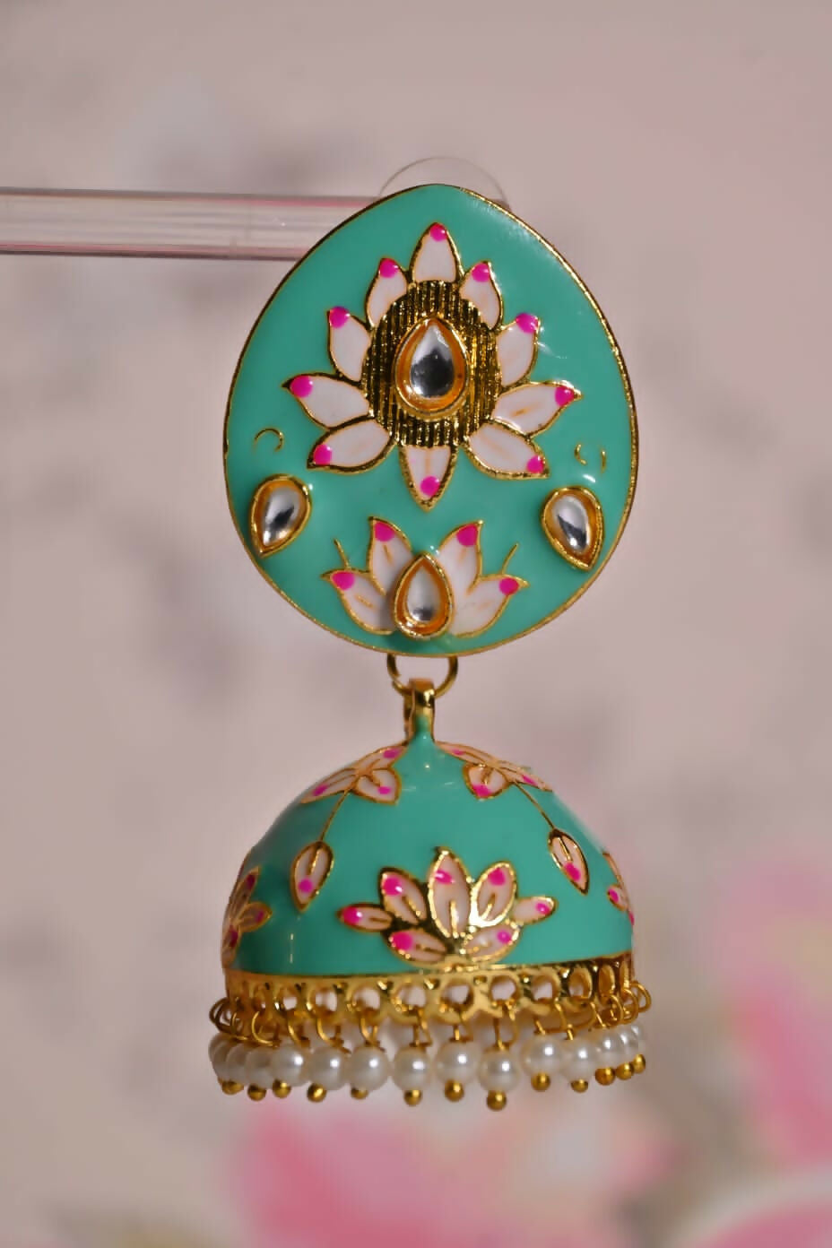 Sea Green Ethnic Enamel Meenakari Jhumki Earrings By House of Ree - Swadesiicart