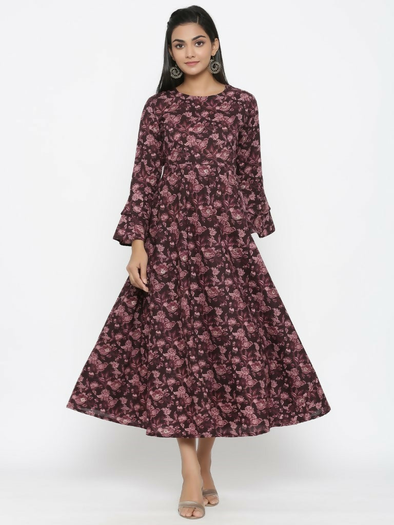Miravan Women's Maroon Floral Bell Sleeves Anarkali Kurta | Grocsy