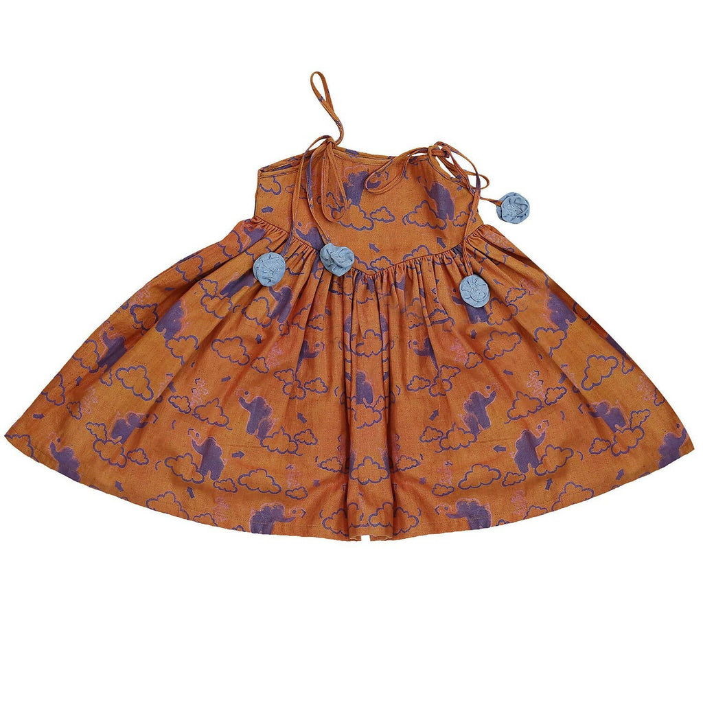 Mhyssa Pleated Sleeveless Orange and Blue Round Neck Frock | Grocsy