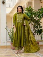 Lehenga Mart Designer Anarkali Suit Ready To Wear Kurta Pant With Dupatta For Women-Mehendi Green | Grocsy
