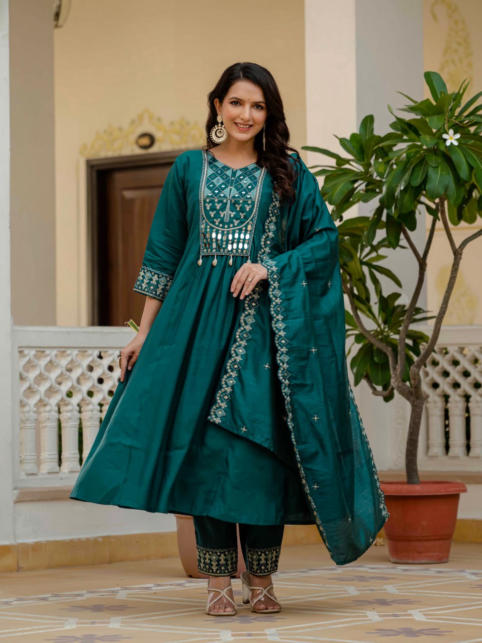 Lehenga Mart Designer Anarkali Suit Ready To Wear Kurta Pant With Dupatta For Women-Teal Green | Grocsy