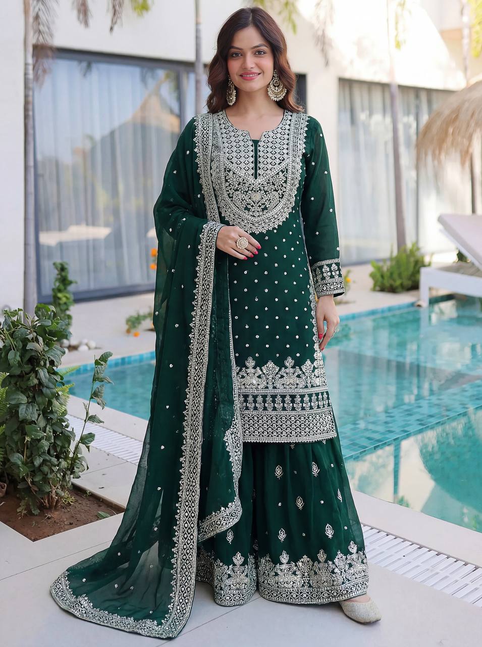 Lehenga Mart Designer Sharara Suit With Kurta Sharara Dupatta For Women-Dark Green | Grocsy