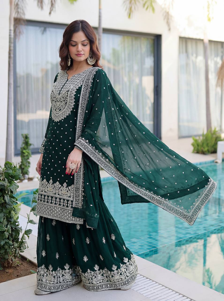 Lehenga Mart Designer Sharara Suit With Kurta Sharara Dupatta For Women-Dark Green | Grocsy