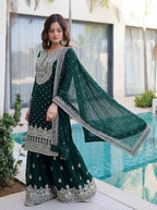 Lehenga Mart Designer Sharara Suit With Kurta Sharara Dupatta For Women-Dark Green | Grocsy