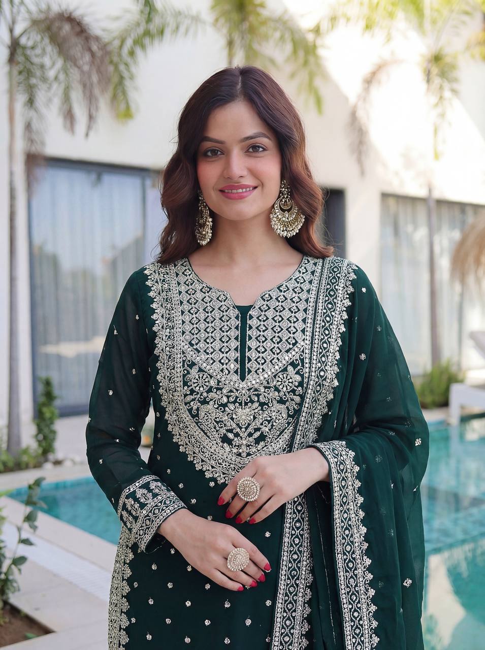 Lehenga Mart Designer Sharara Suit With Kurta Sharara Dupatta For Women-Dark Green | Grocsy