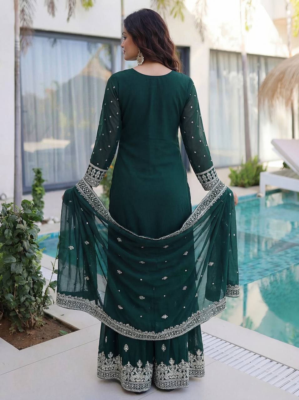 Lehenga Mart Designer Sharara Suit With Kurta Sharara Dupatta For Women-Dark Green | Grocsy