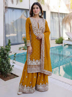 Lehenga Mart Designer Sharara Suit With Kurta Sharara Dupatta For Women-Mustard | Grocsy