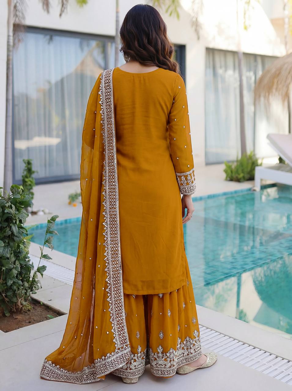 Lehenga Mart Designer Sharara Suit With Kurta Sharara Dupatta For Women-Mustard | Grocsy