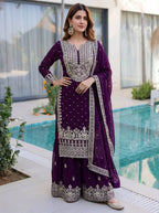 Lehenga Mart Designer Sharara Suit With Kurta Sharara Dupatta For Women-Purple | Grocsy