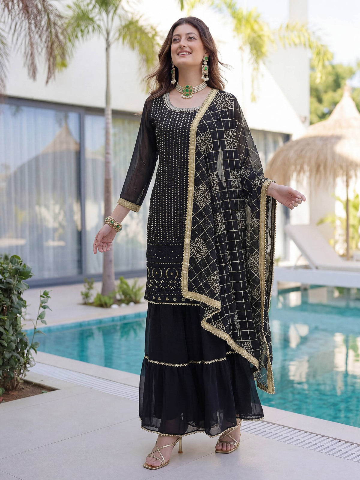 Lehenga Mart Designer Sharara Suit With Kurta Sharara Dupatta For Women-Black | Grocsy