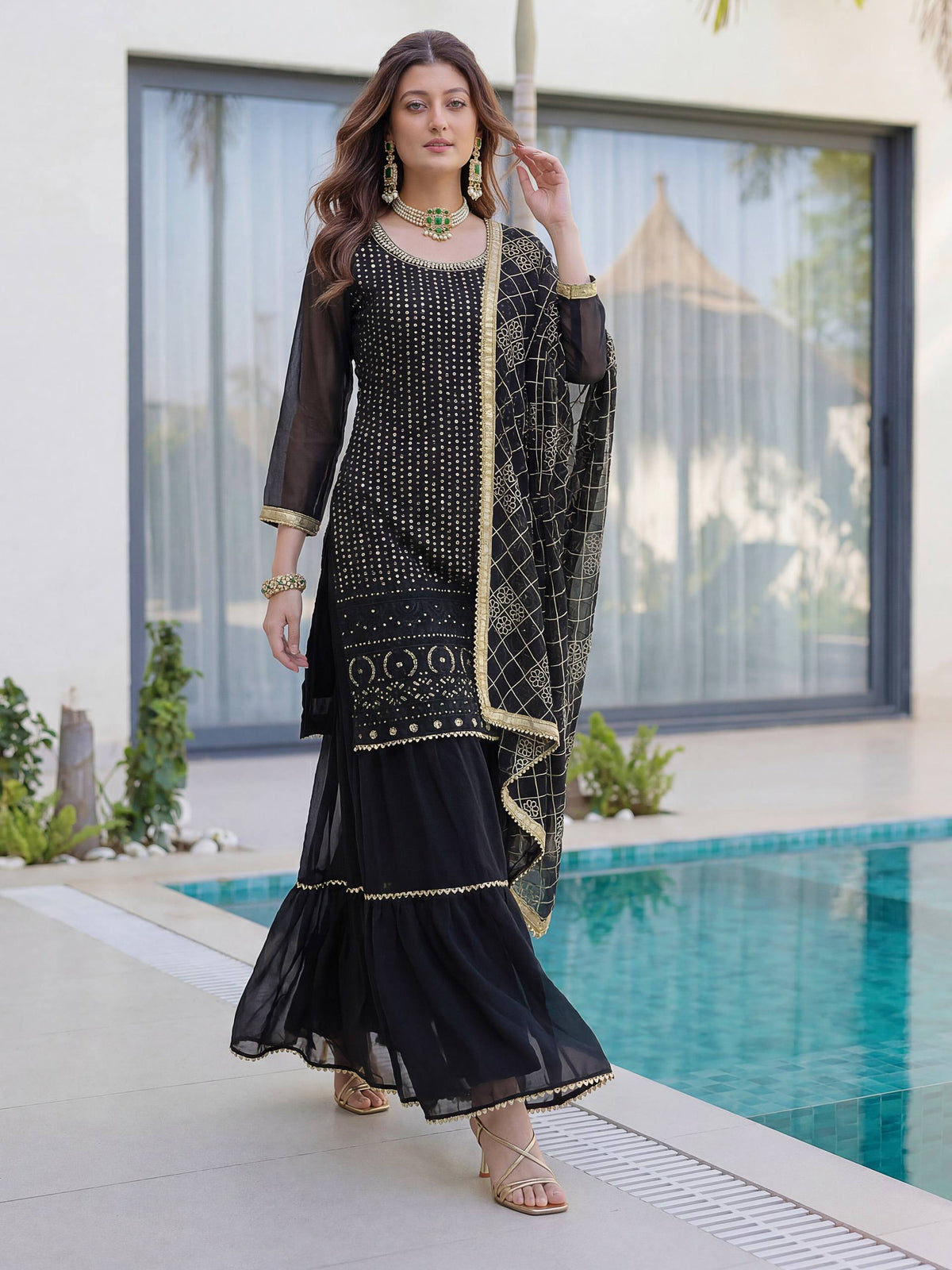 Lehenga Mart Designer Sharara Suit With Kurta Sharara Dupatta For Women-Black | Grocsy
