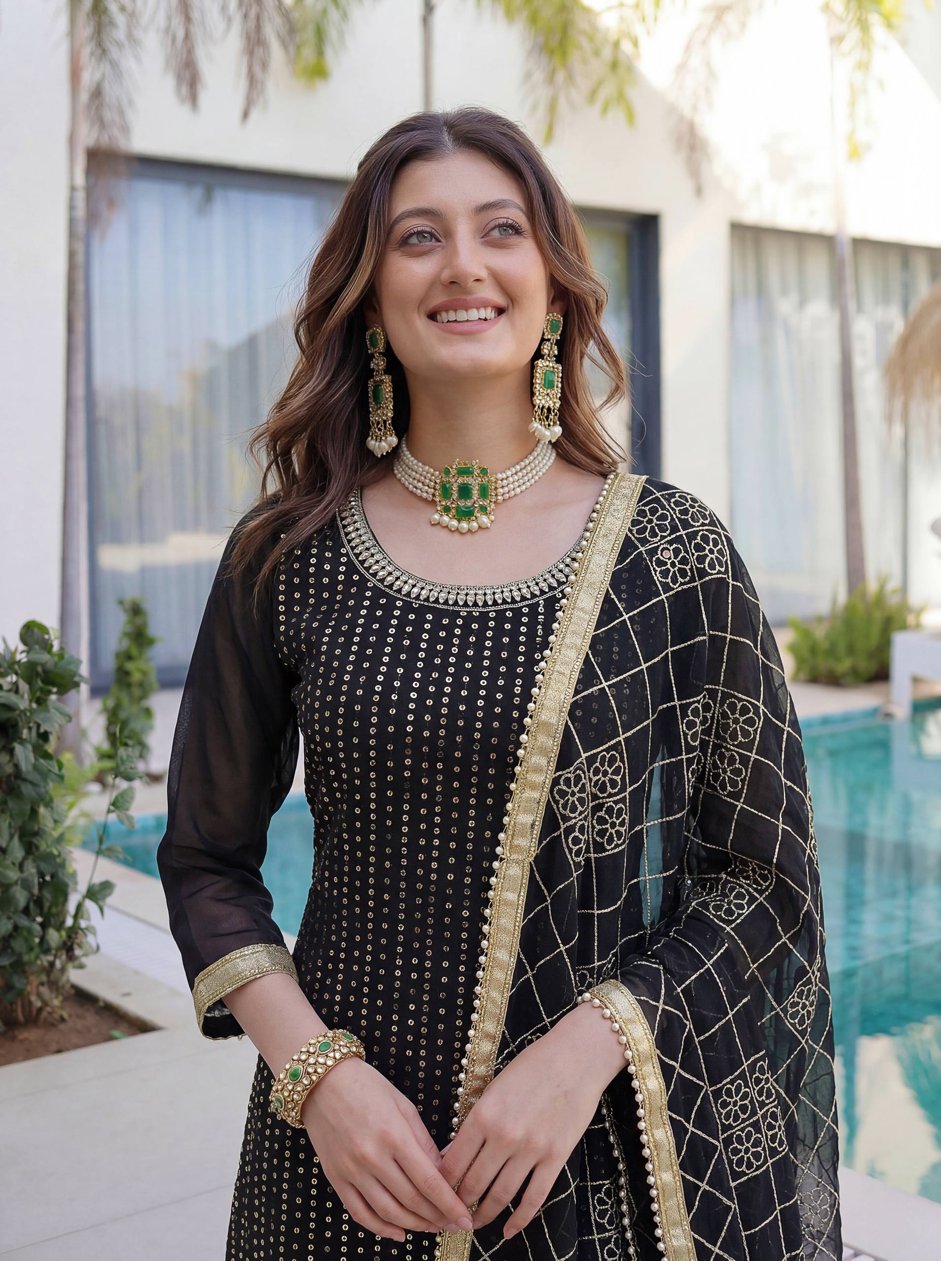 Lehenga Mart Designer Sharara Suit With Kurta Sharara Dupatta For Women-Black | Grocsy