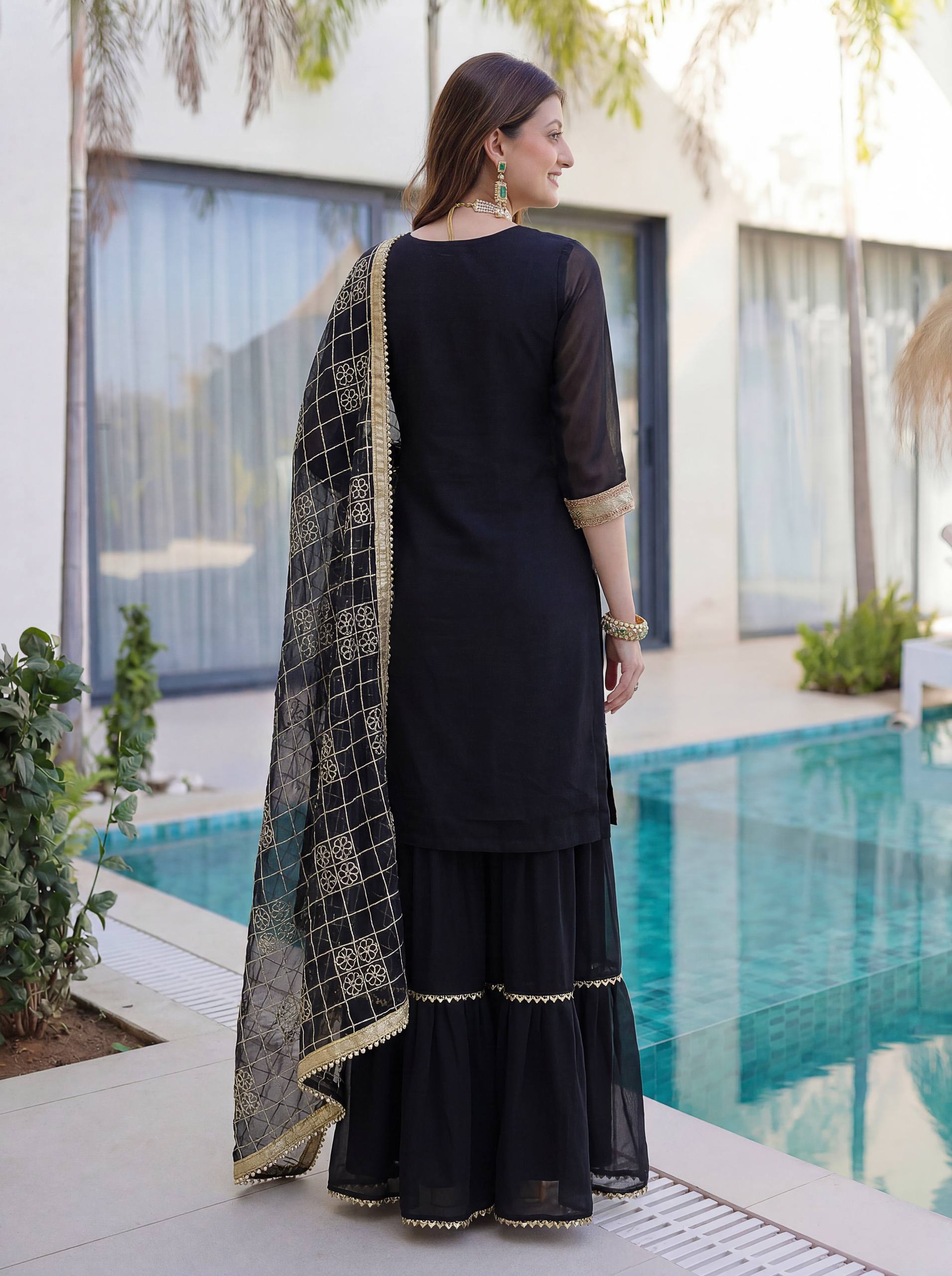 Lehenga Mart Designer Sharara Suit With Kurta Sharara Dupatta For Women-Black | Grocsy