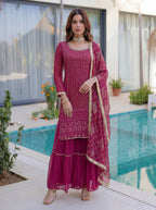 Lehenga Mart Designer Sharara Suit With Kurta Sharara Dupatta For Women-Pink | Grocsy