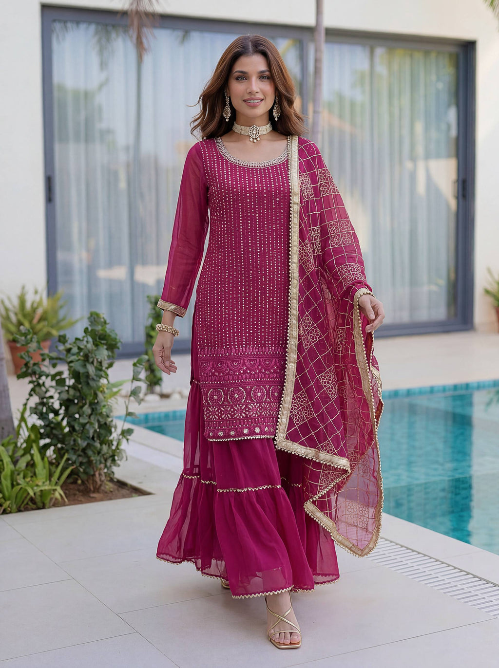 Lehenga Mart Designer Sharara Suit With Kurta Sharara Dupatta For Women-Pink | Grocsy