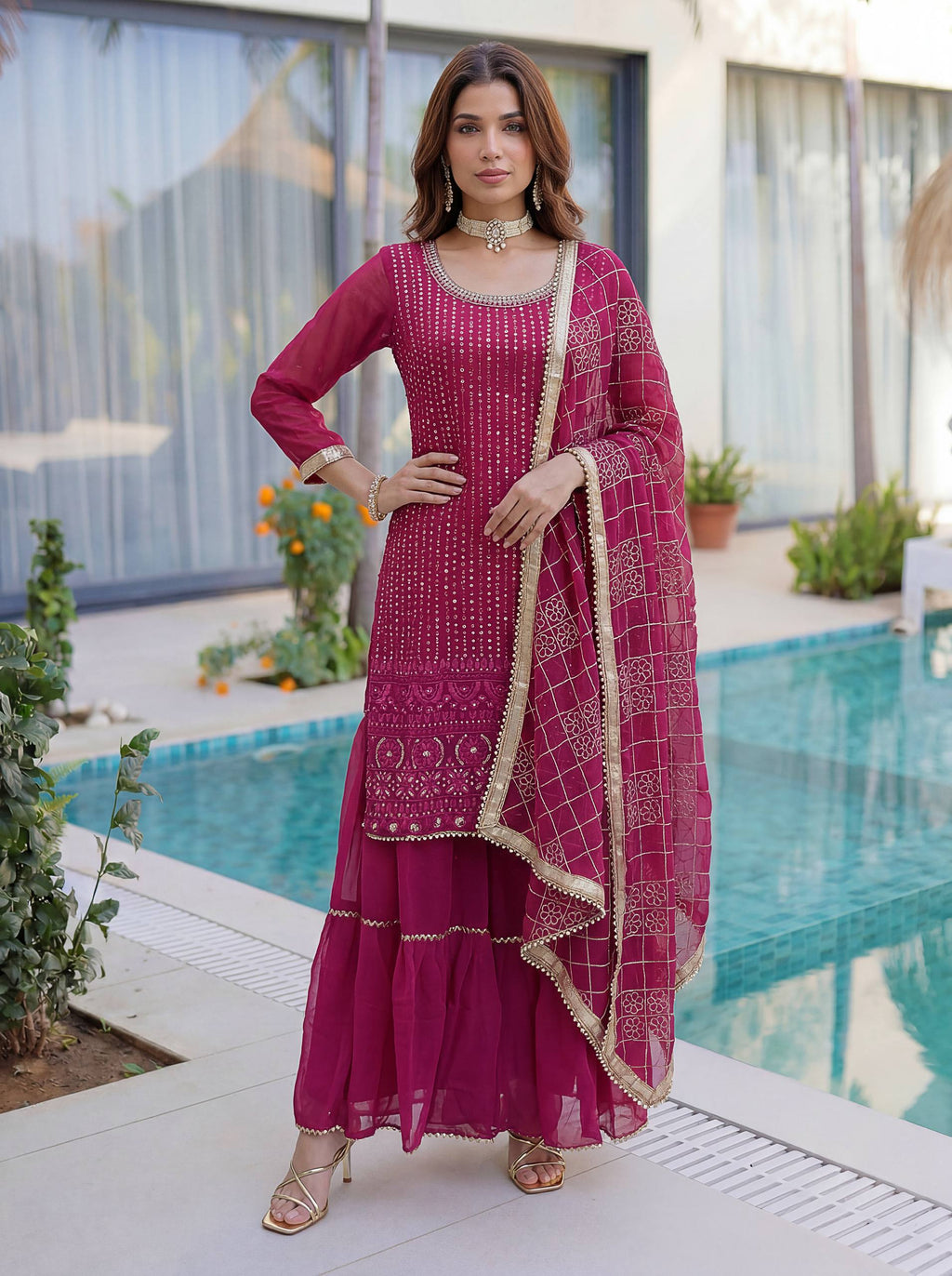 Lehenga Mart Designer Sharara Suit With Kurta Sharara Dupatta For Women-Pink | Grocsy