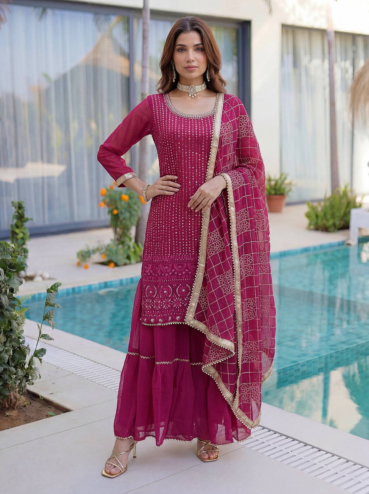 Lehenga Mart Designer Sharara Suit With Kurta Sharara Dupatta For Women-Pink | Grocsy
