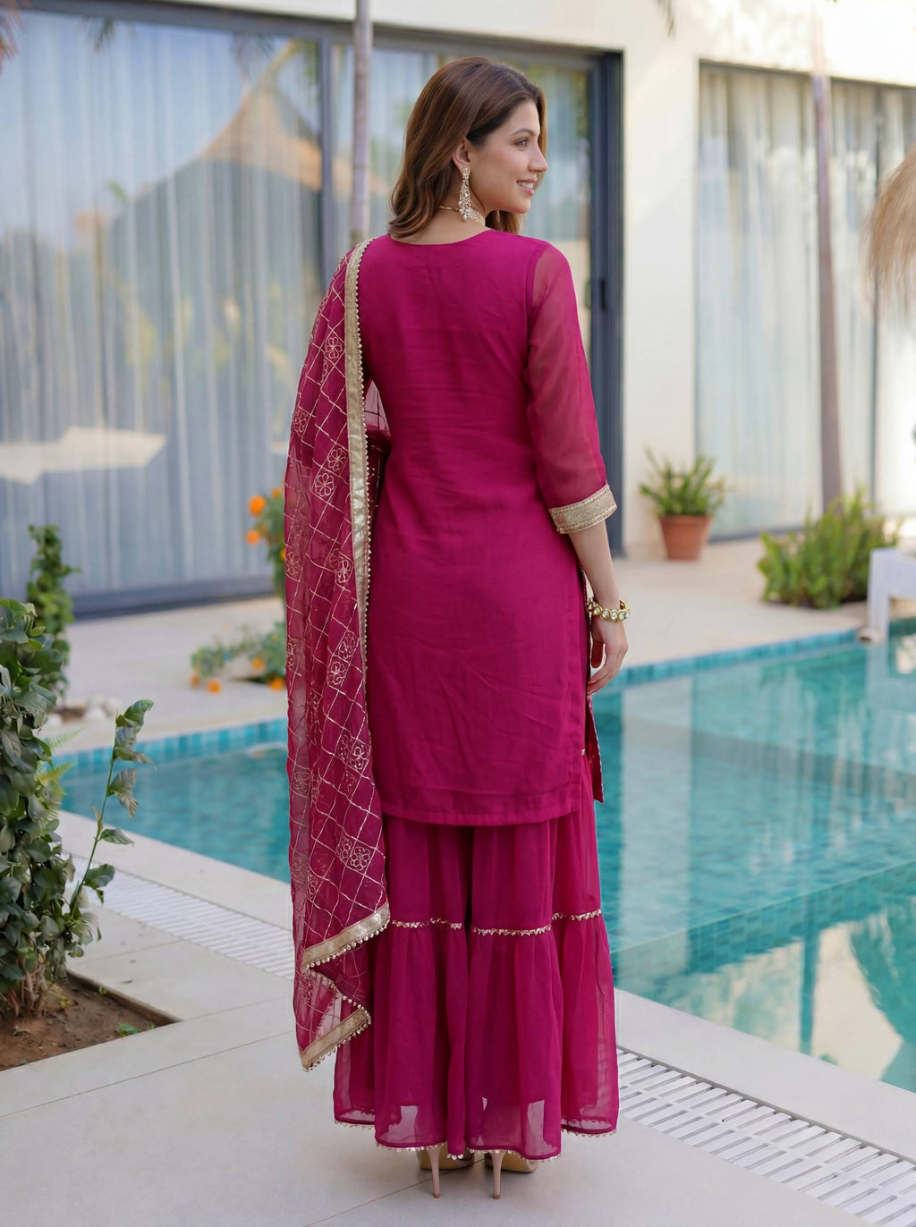 Lehenga Mart Designer Sharara Suit With Kurta Sharara Dupatta For Women-Pink | Grocsy