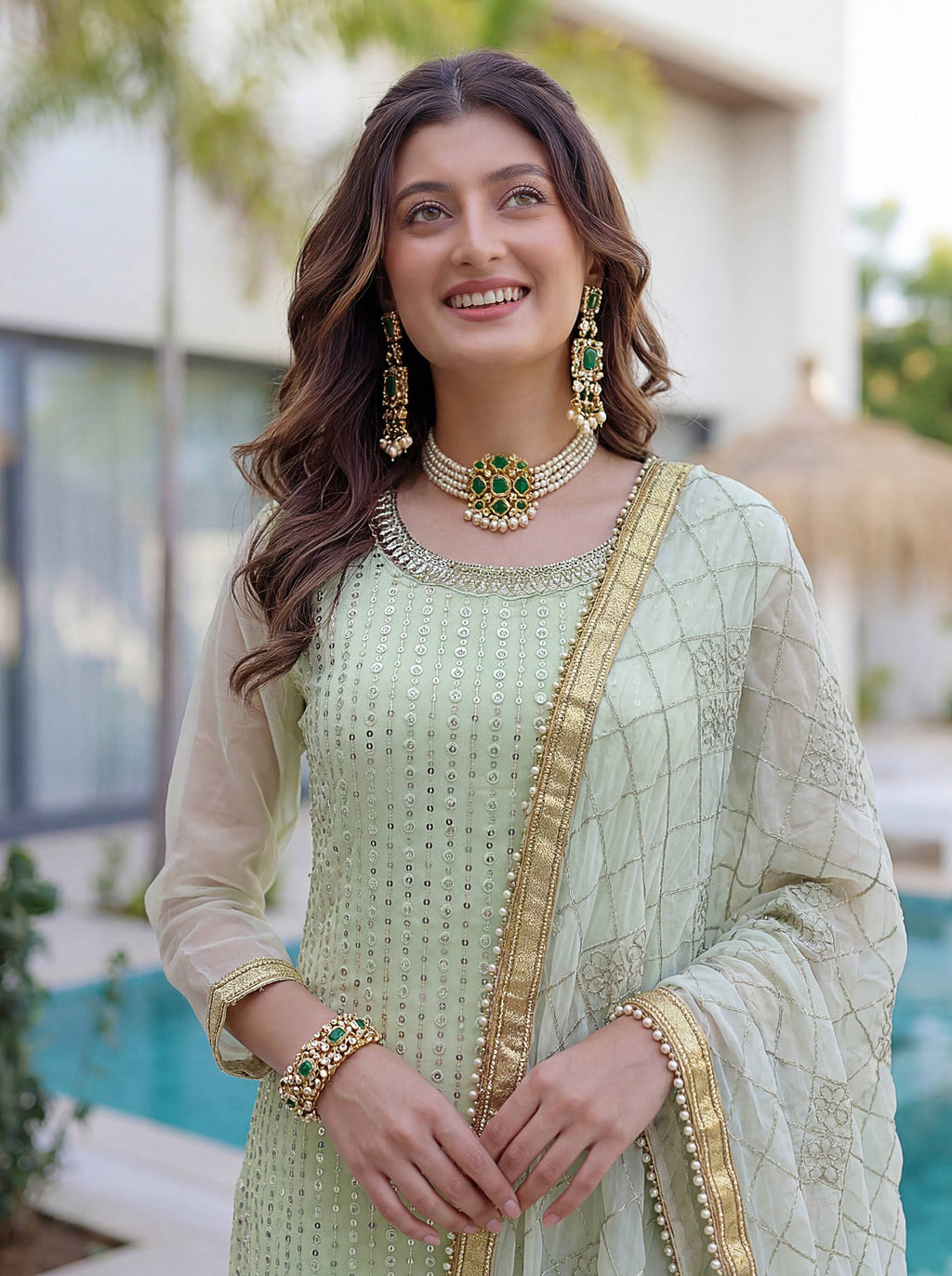 Lehenga Mart Designer Sharara Suit With Kurta Sharara Dupatta For Women-Pista | Grocsy