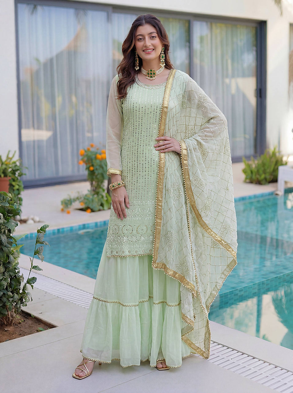 Lehenga Mart Designer Sharara Suit With Kurta Sharara Dupatta For Women-Pista | Grocsy
