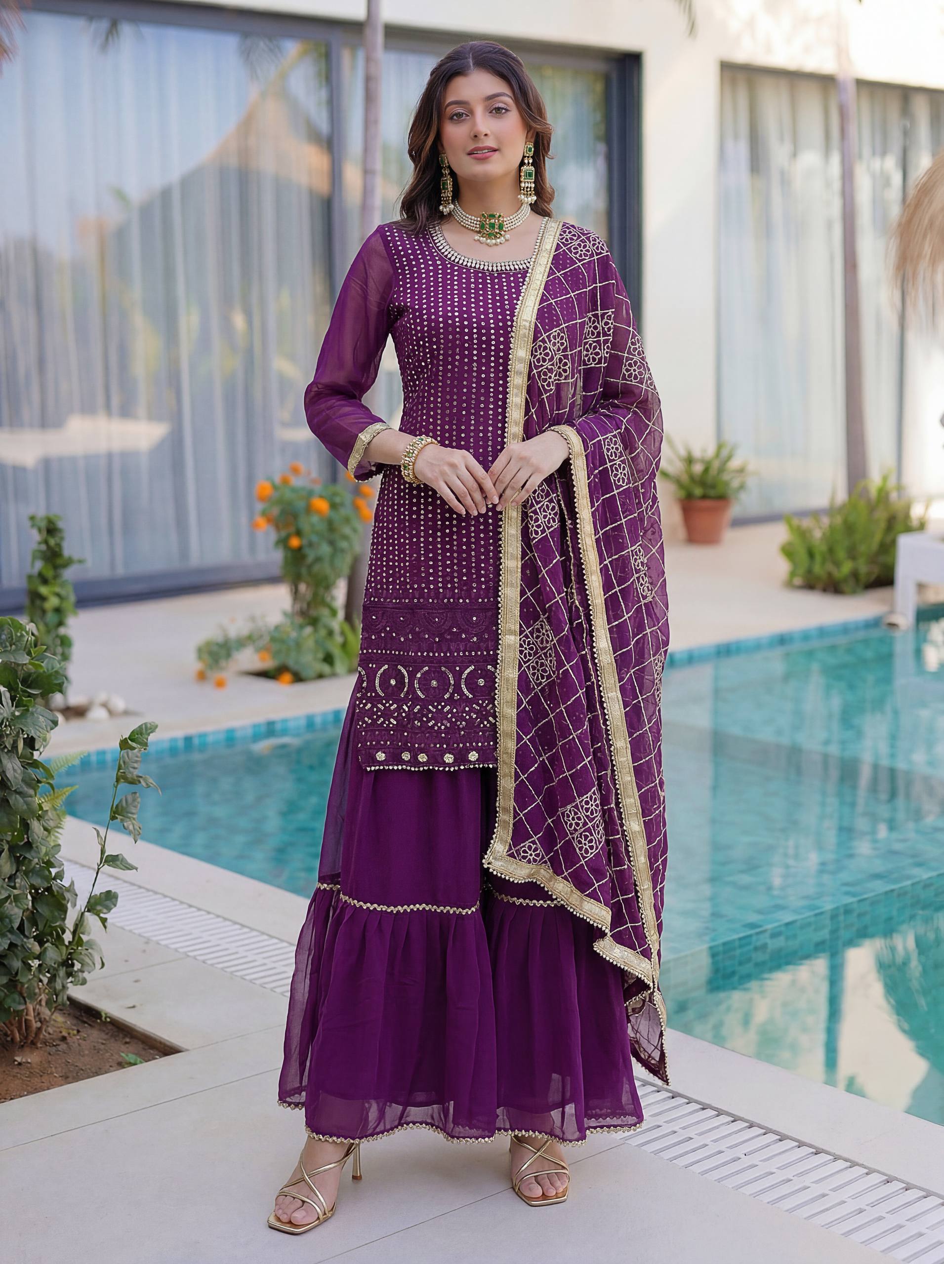 Lehenga Mart Designer Sharara Suit With Kurta Sharara Dupatta For Women-Purple | Grocsy