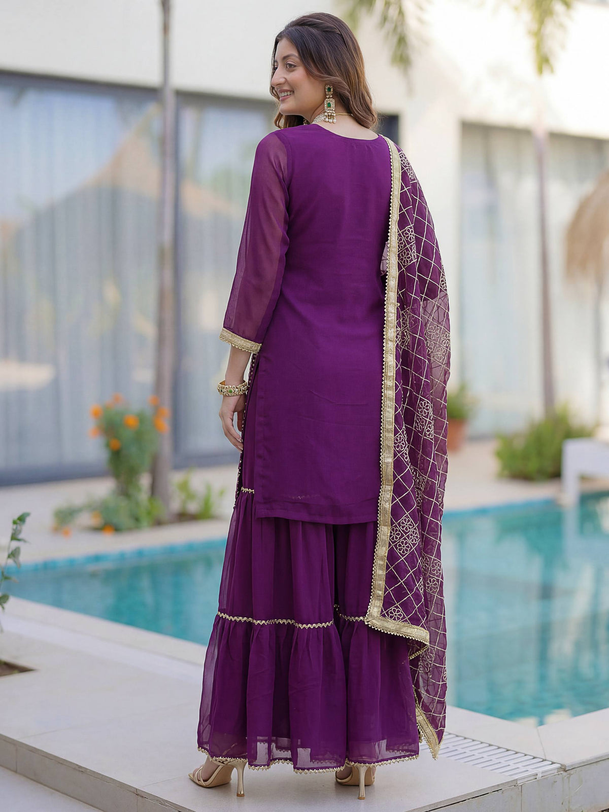 Lehenga Mart Designer Sharara Suit With Kurta Sharara Dupatta For Women-Purple | Grocsy