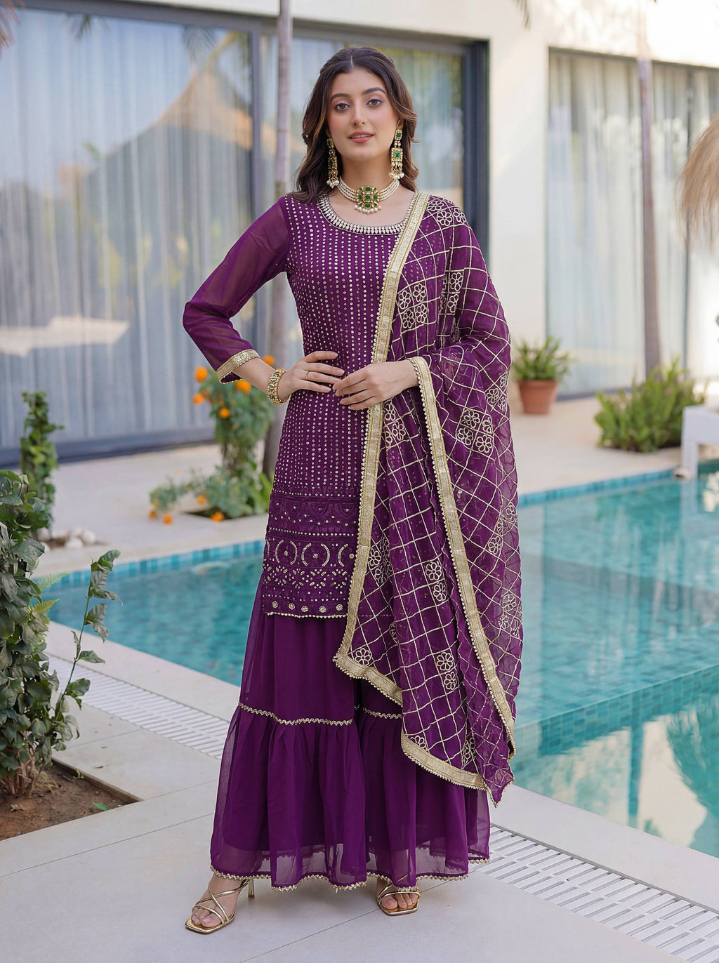 Lehenga Mart Designer Sharara Suit With Kurta Sharara Dupatta For Women-Purple | Grocsy