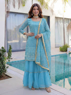 Lehenga Mart Designer Sharara Suit With Kurta Sharara Dupatta For Women-Sky Blue | Grocsy