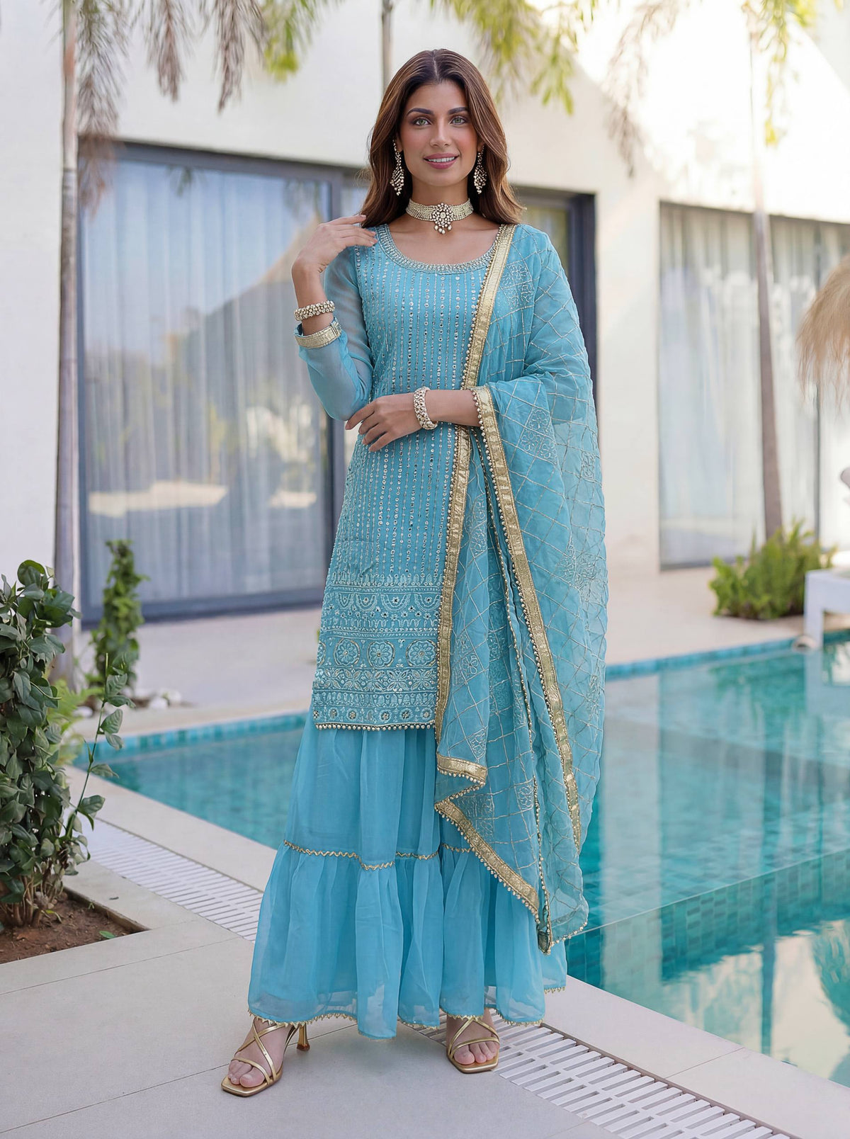 Lehenga Mart Designer Sharara Suit With Kurta Sharara Dupatta For Women-Sky Blue | Grocsy