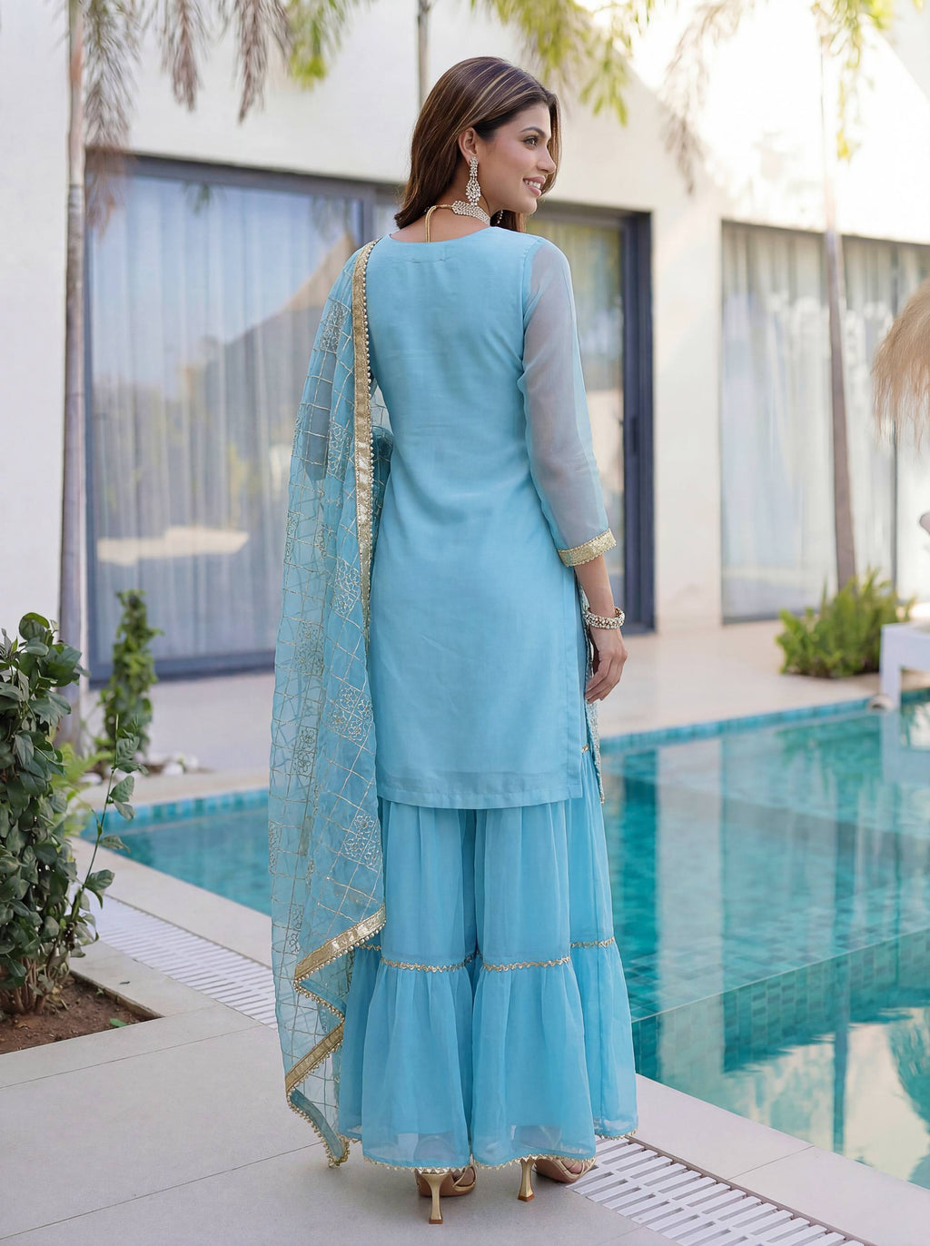Lehenga Mart Designer Sharara Suit With Kurta Sharara Dupatta For Women-Sky Blue | Grocsy