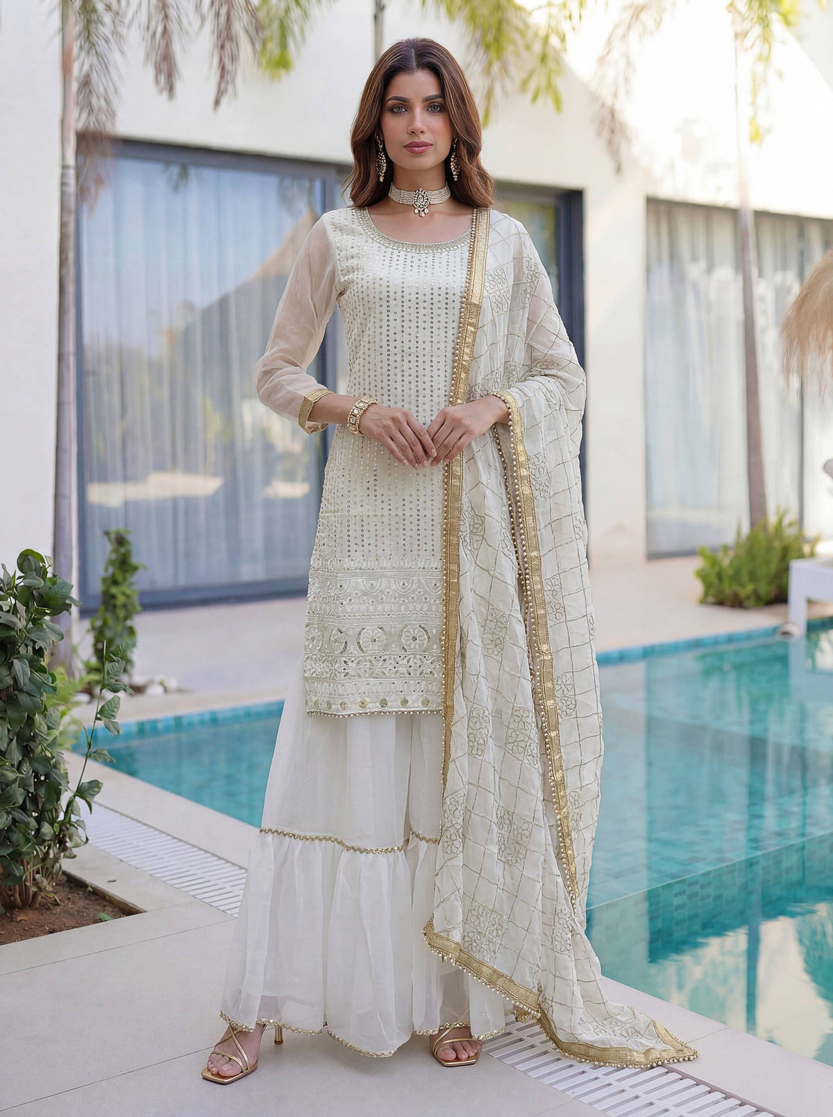 Lehenga Mart Designer Sharara Suit With Kurta Sharara Dupatta For Women-White | Grocsy