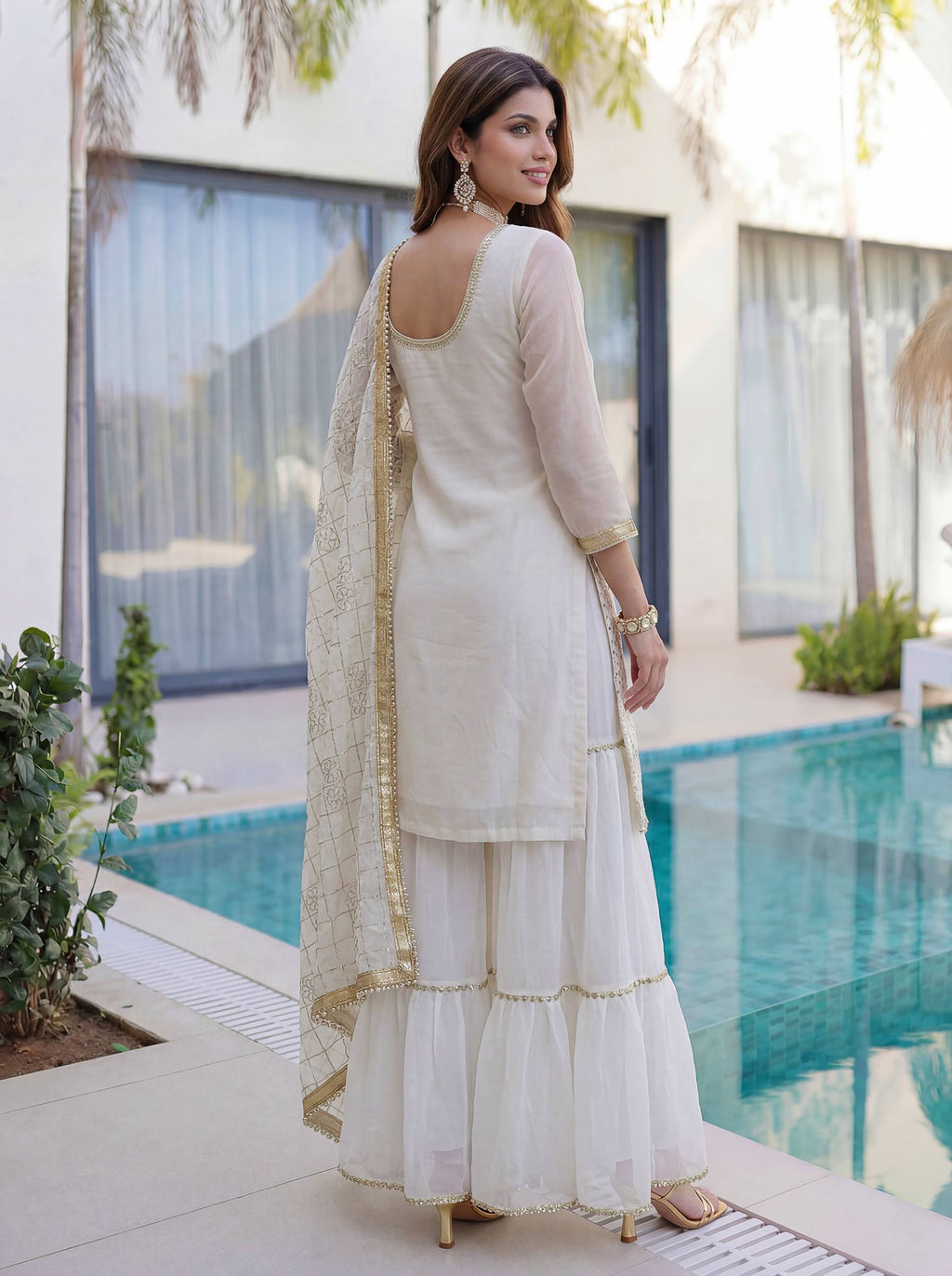 Lehenga Mart Designer Sharara Suit With Kurta Sharara Dupatta For Women-White | Grocsy