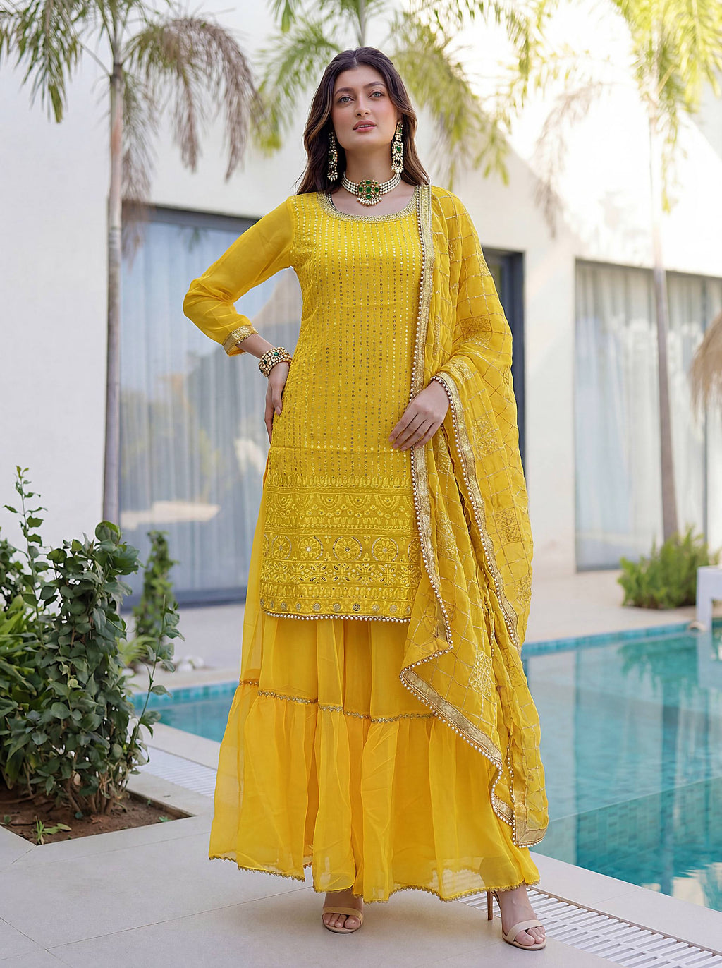 Lehenga Mart Designer Sharara Suit With Kurta Sharara Dupatta For Women-Yellow | Grocsy