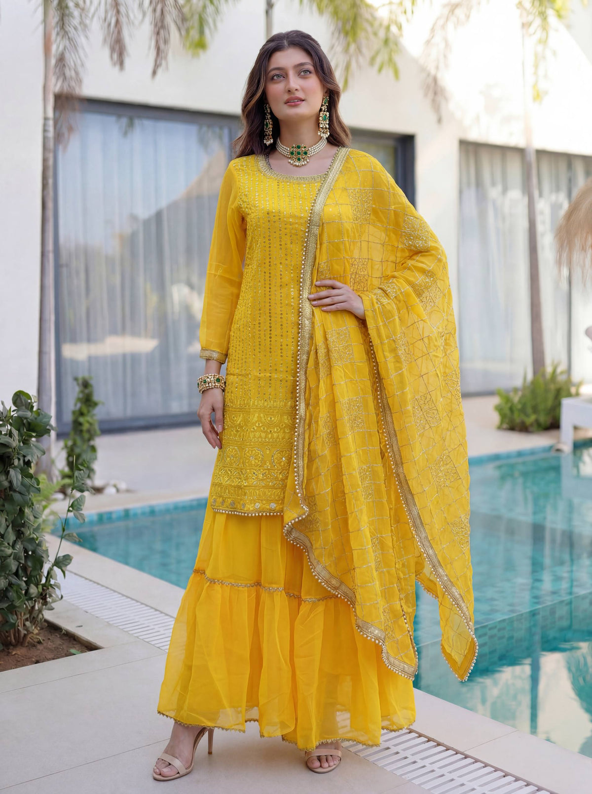 Lehenga Mart Designer Sharara Suit With Kurta Sharara Dupatta For Women-Yellow | Grocsy
