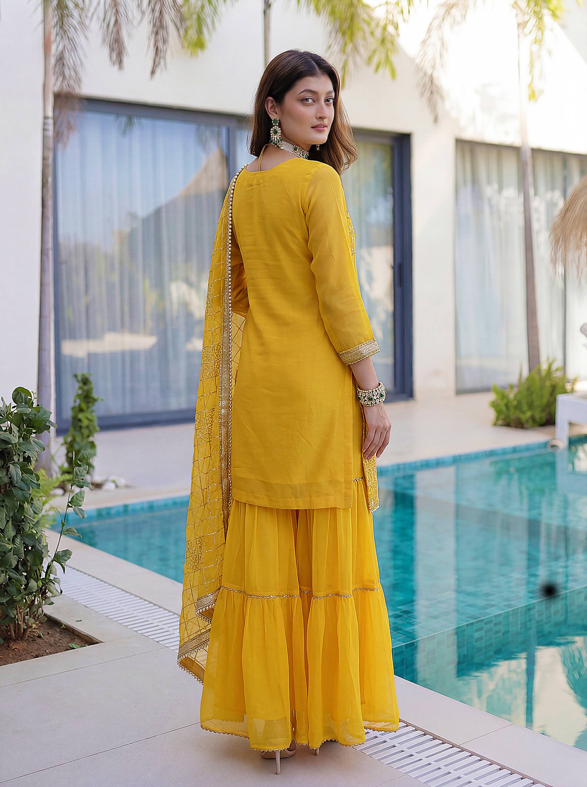 Lehenga Mart Designer Sharara Suit With Kurta Sharara Dupatta For Women-Yellow | Grocsy