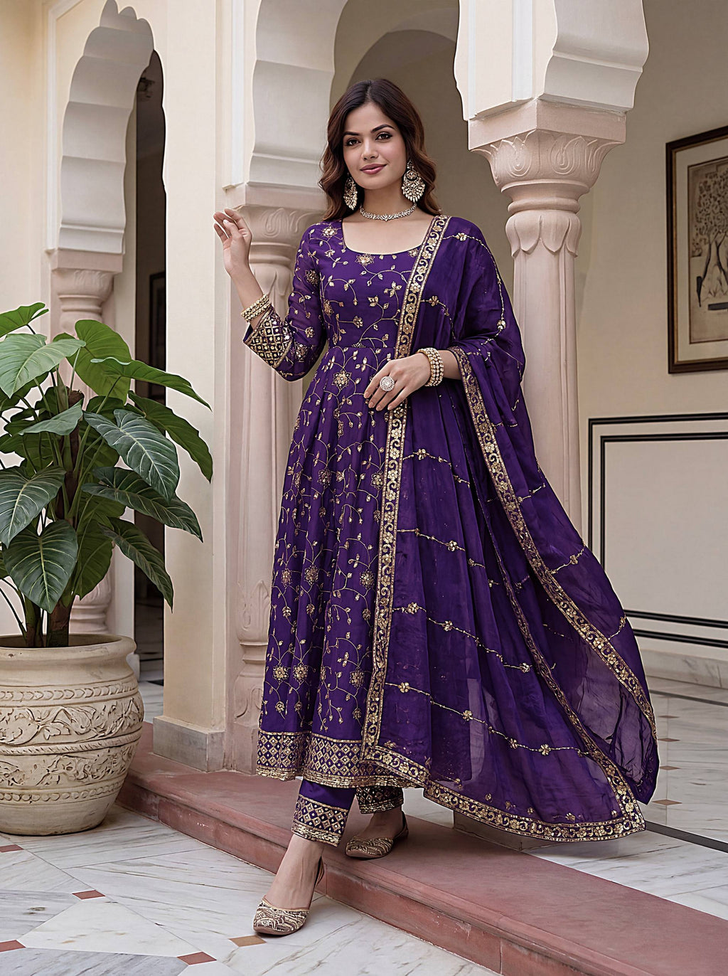 Lehenga Mart Designer Anarkali Suit With Kurta Pant Dupatta For Women-Purple | Grocsy