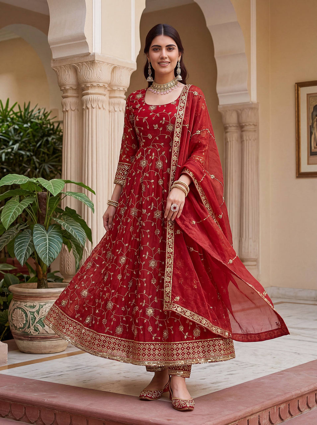 Lehenga Mart Designer Anarkali Suit With Kurta Pant Dupatta For Women-Red | Grocsy