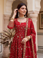 Lehenga Mart Designer Anarkali Suit With Kurta Pant Dupatta For Women-Red | Grocsy