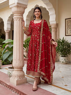 Lehenga Mart Designer Anarkali Suit With Kurta Pant Dupatta For Women-Red | Grocsy