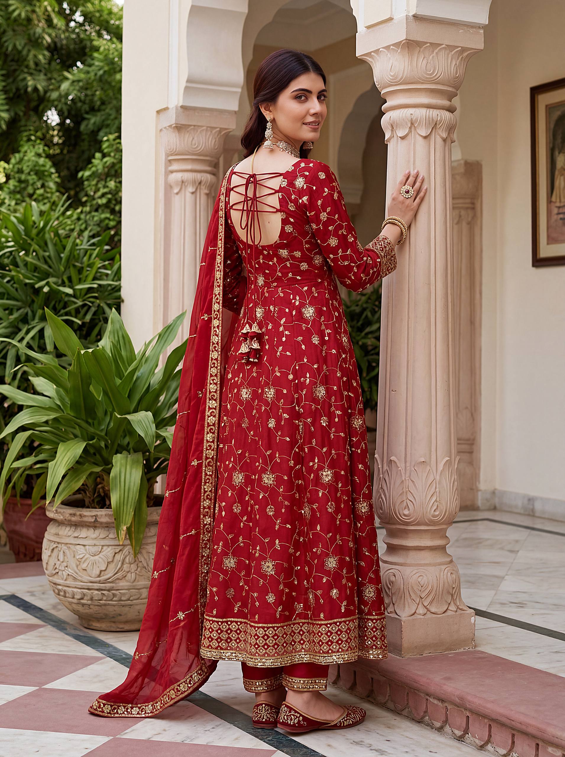 Lehenga Mart Designer Anarkali Suit With Kurta Pant Dupatta For Women-Red | Grocsy