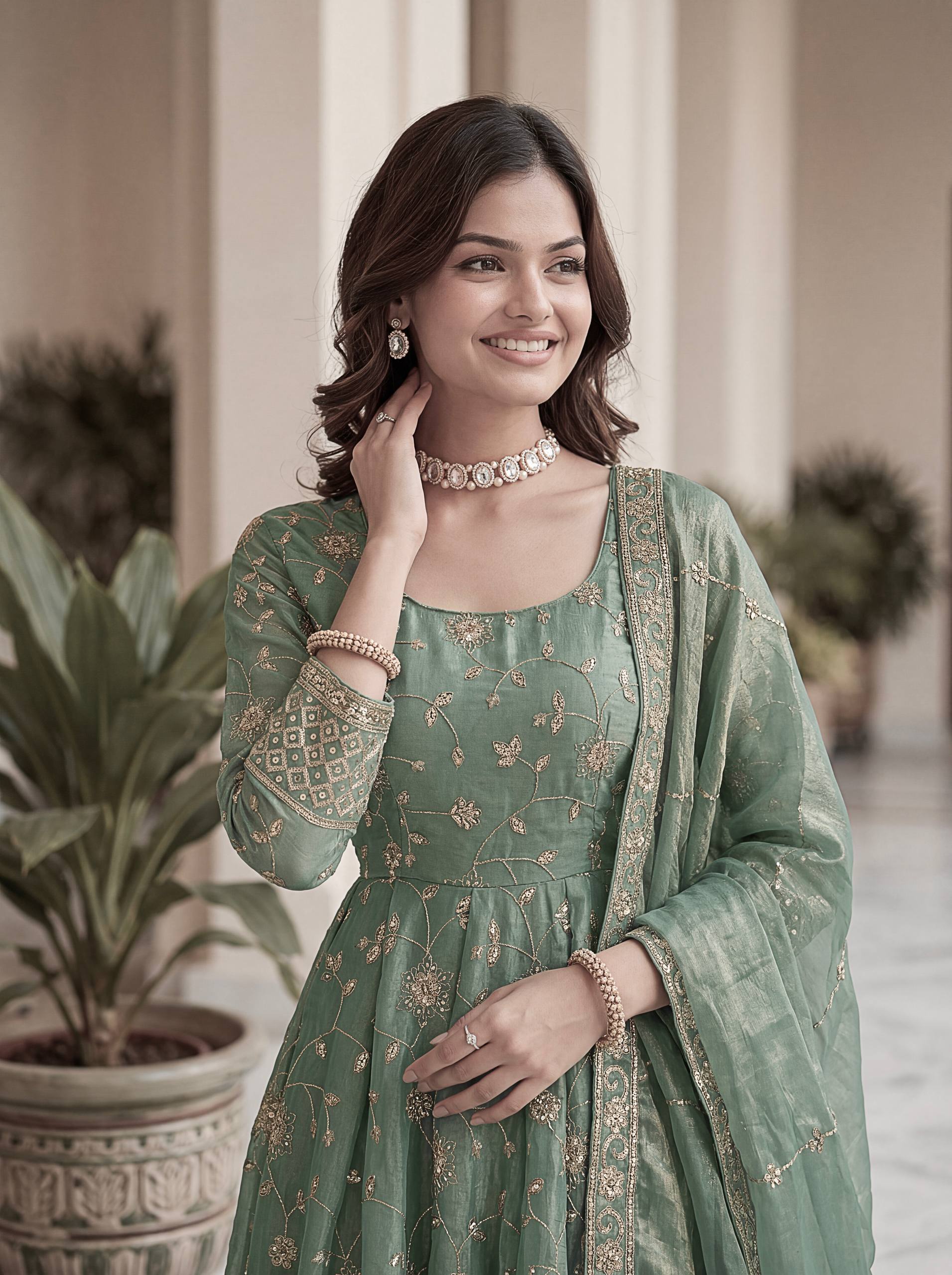 Lehenga Mart Designer Anarkali Suit With Kurta Pant Dupatta For Women-Sage Green | Grocsy