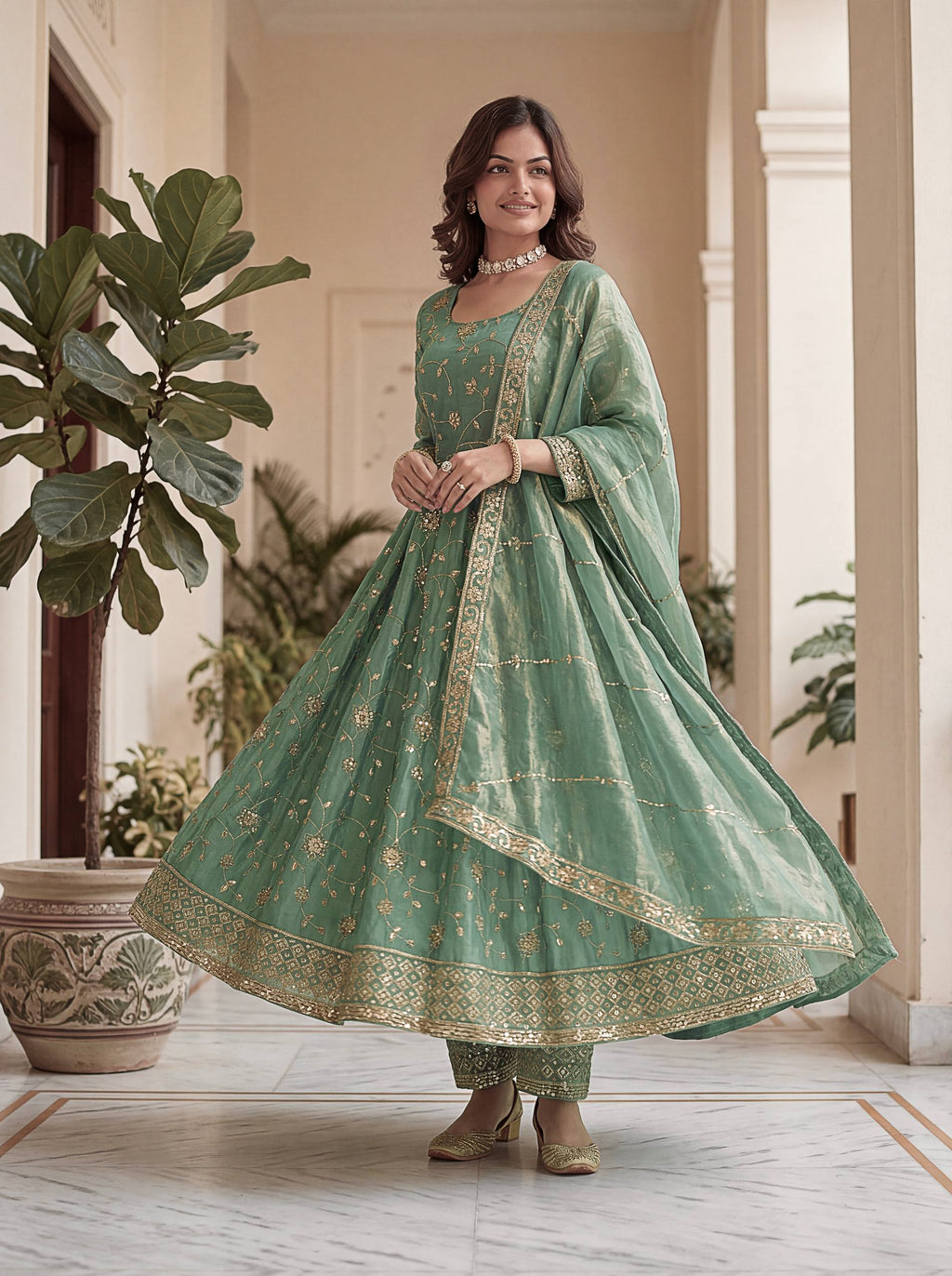 Lehenga Mart Designer Anarkali Suit With Kurta Pant Dupatta For Women-Sage Green | Grocsy