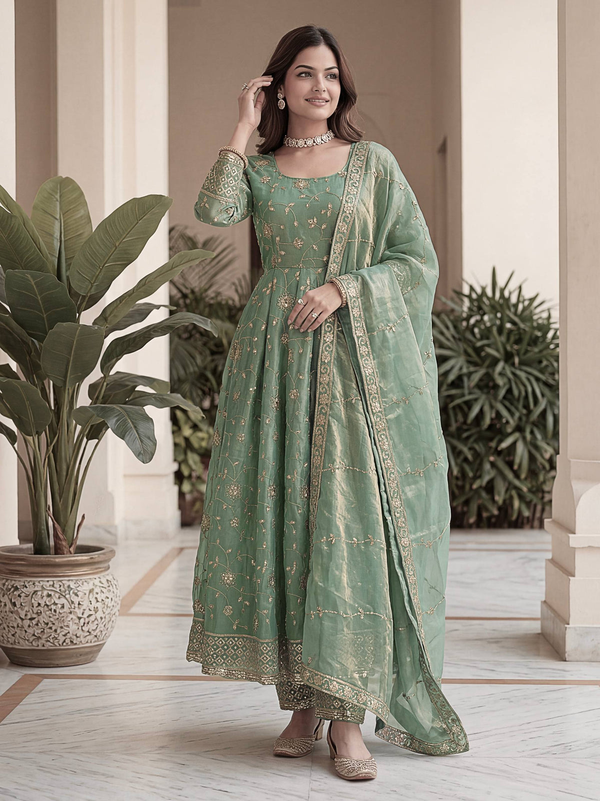 Lehenga Mart Designer Anarkali Suit With Kurta Pant Dupatta For Women-Sage Green | Grocsy