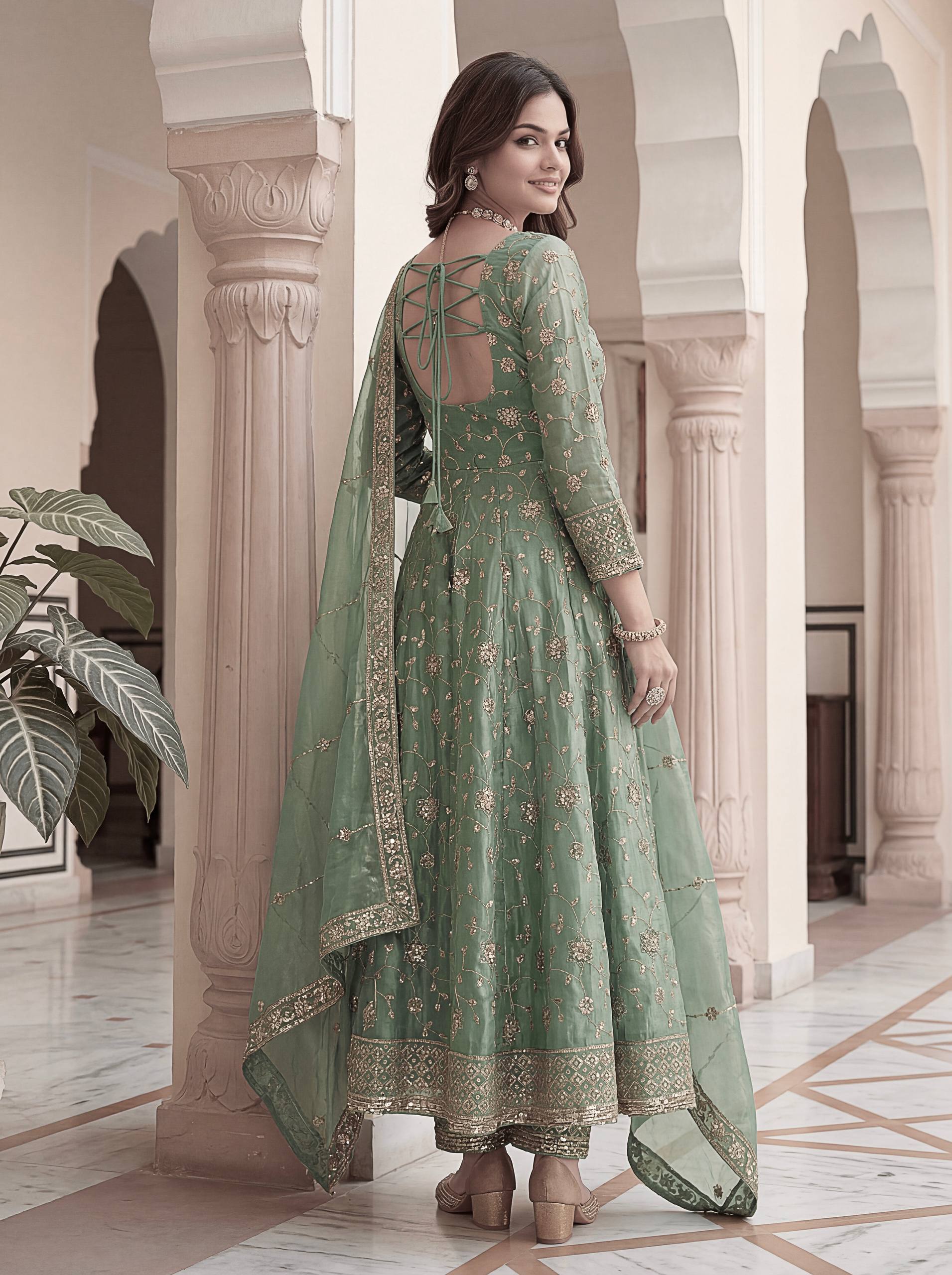 Lehenga Mart Designer Anarkali Suit With Kurta Pant Dupatta For Women-Sage Green | Grocsy