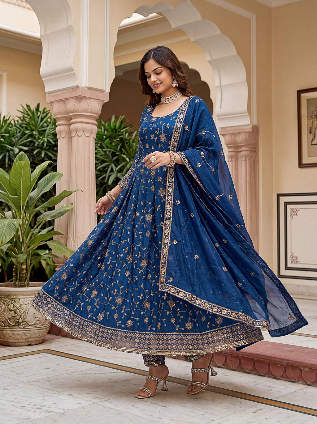 Lehenga Mart Designer Anarkali Suit With Kurta Pant Dupatta For Women-Teal Blue | Grocsy