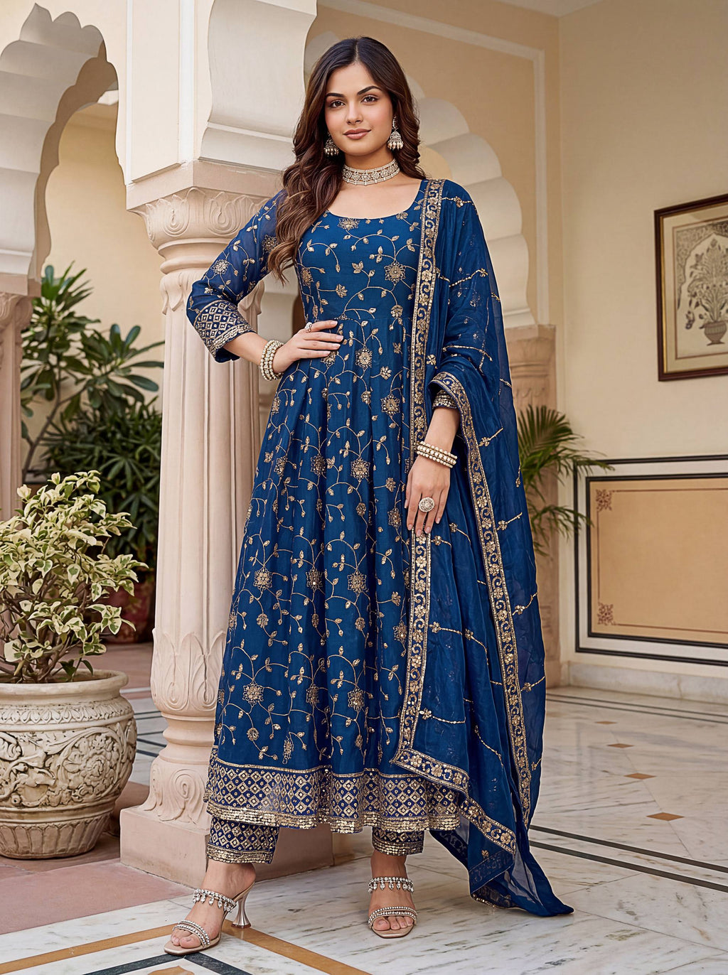 Lehenga Mart Designer Anarkali Suit With Kurta Pant Dupatta For Women-Teal Blue | Grocsy