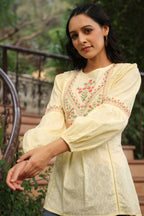 Juniper Women's Lemon Cotton Dobby Solid Embroidered Straight Tunic | Grocsy